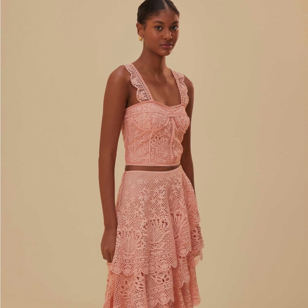 FARM Rio Crochet Tiered A-Line Skirt and Crop Top in Blush Pink